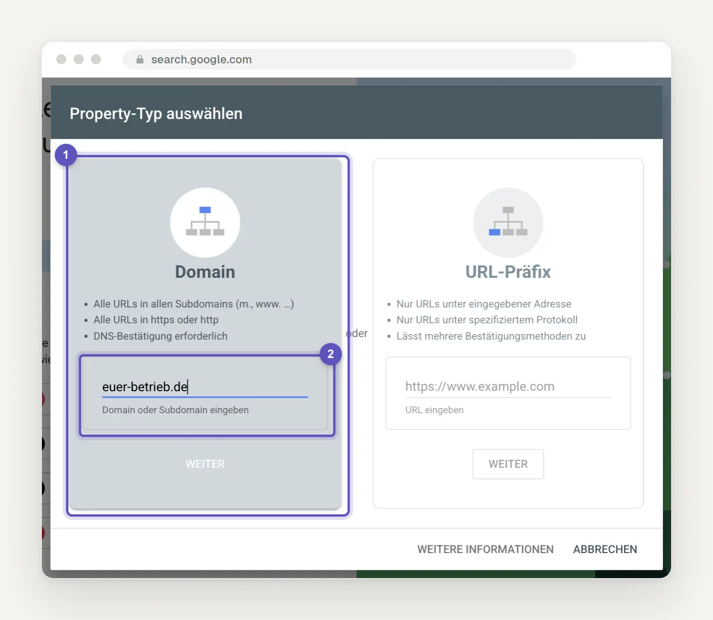 In the "Select Property Type" dialog box in Search Console, the domain property is selected and your-company.de appears in the input field.