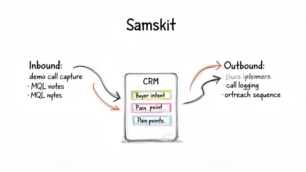 Flowchart showing inbound and outbound sales processes with a CRM system, featuring buyer intent and pain points.