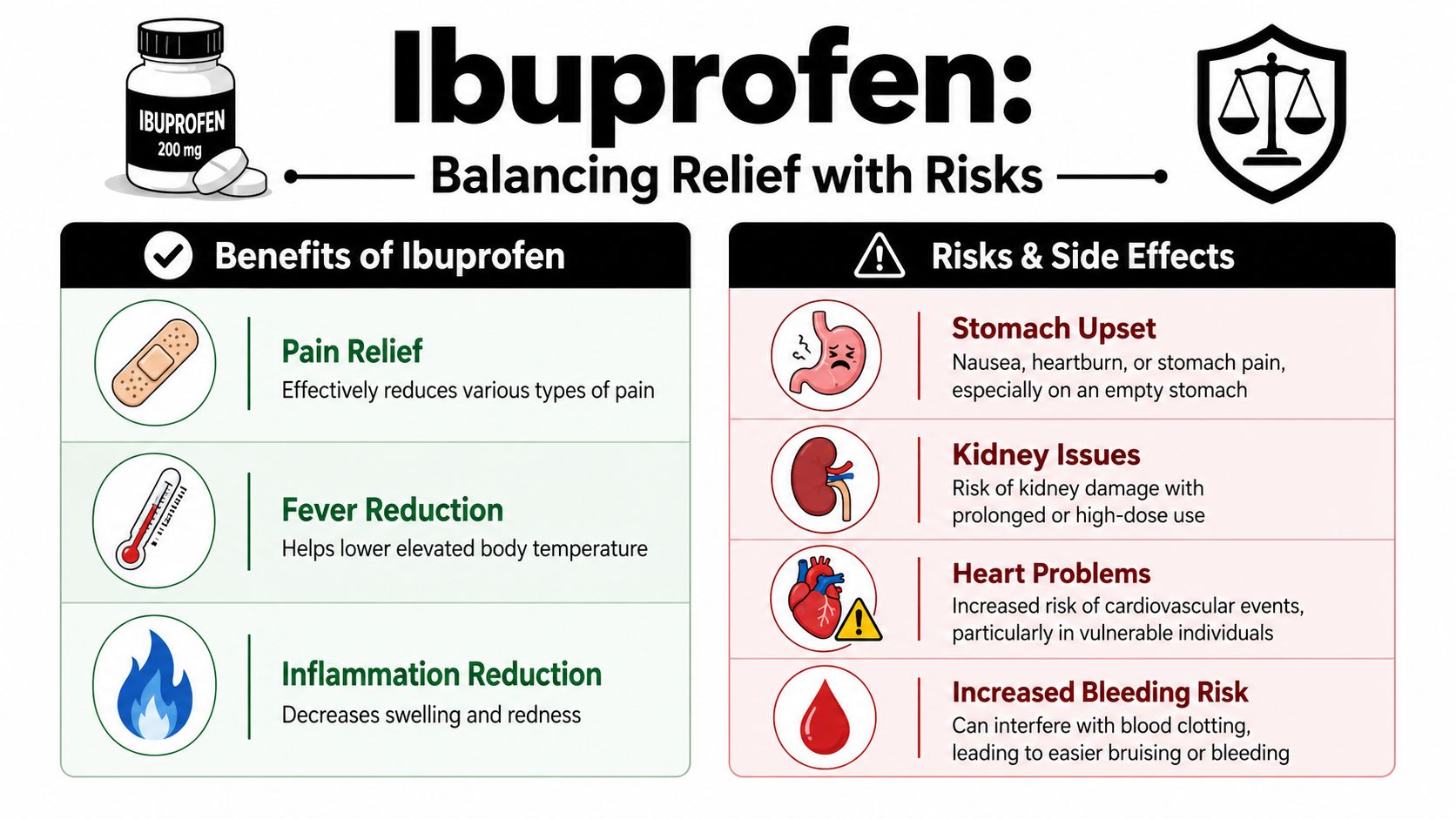 An infographic titled Ibuprofen: Balancing Relief with Risks, detailing its primary medicinal benefits and potential side effects.