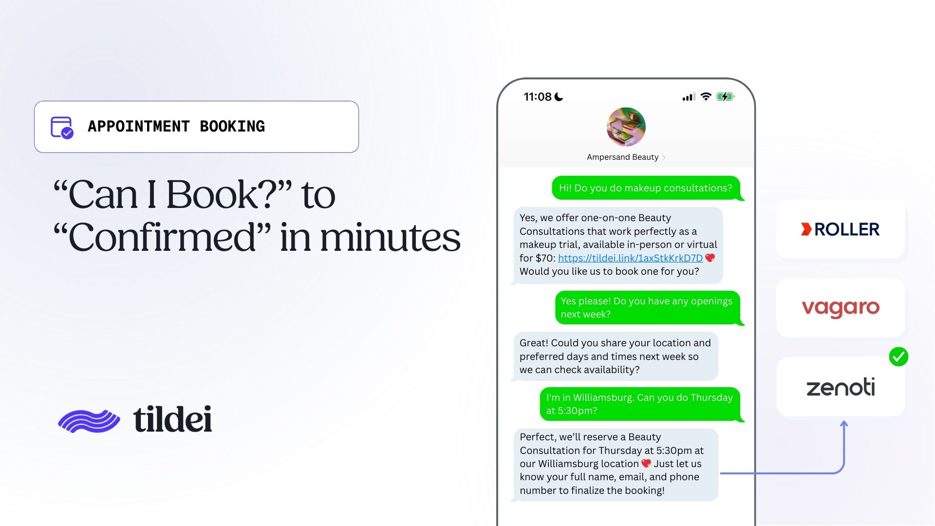 A Tildei promotional graphic for their Appointment Booking feature, showing a green-bubble SMS conversation with Ampersand Beauty where a customer goes from inquiry to a confirmed Thursday 5:30pm Beauty Consultation, with logos indicating integrations with Roller, Vagaro, and Zenoti booking platforms.
