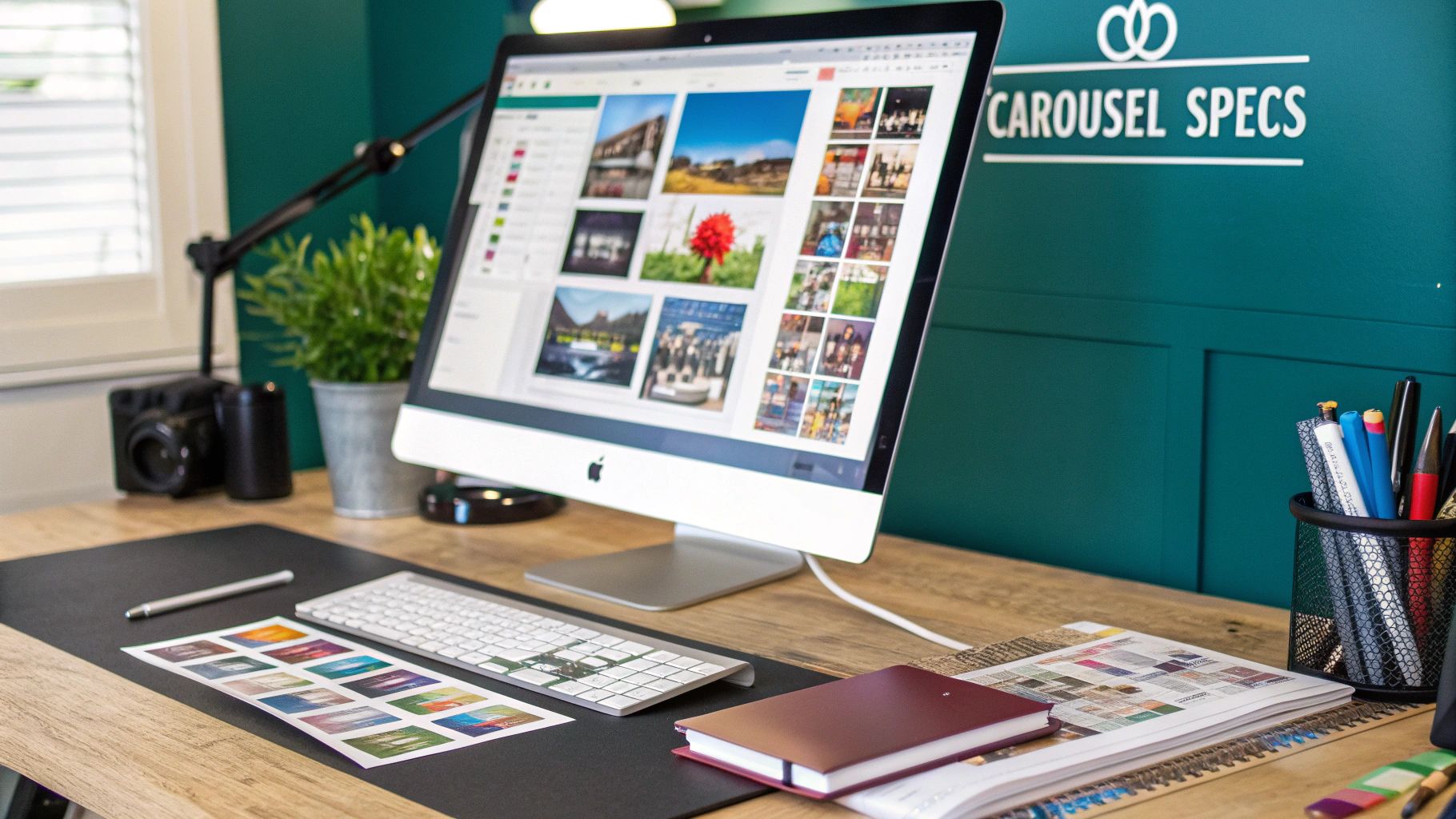 A creative professional designing a LinkedIn carousel post on a large monitor, with image dimension overlays visible.