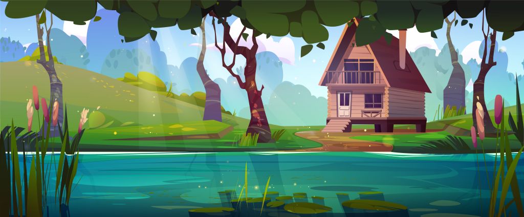 Cartoon illustration of a log house next to a river.