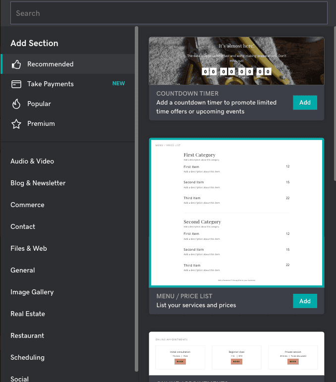 godaddy add sections