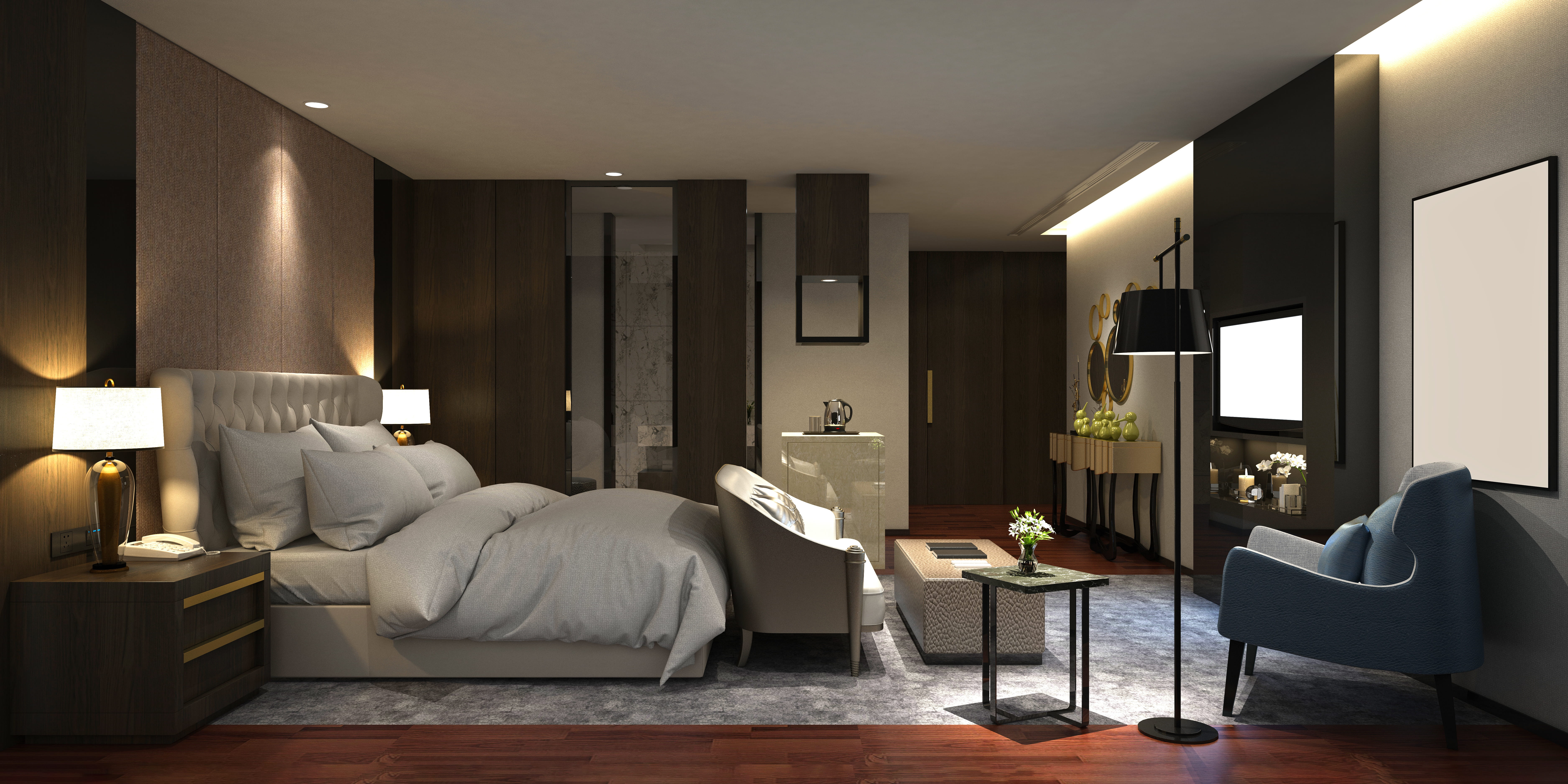 MW Interior Hoteleinrichtung – elegantes Hotelzimmer mit dunklen Tönen, großem Doppelbett und stimmungsvoller Beleuchtung