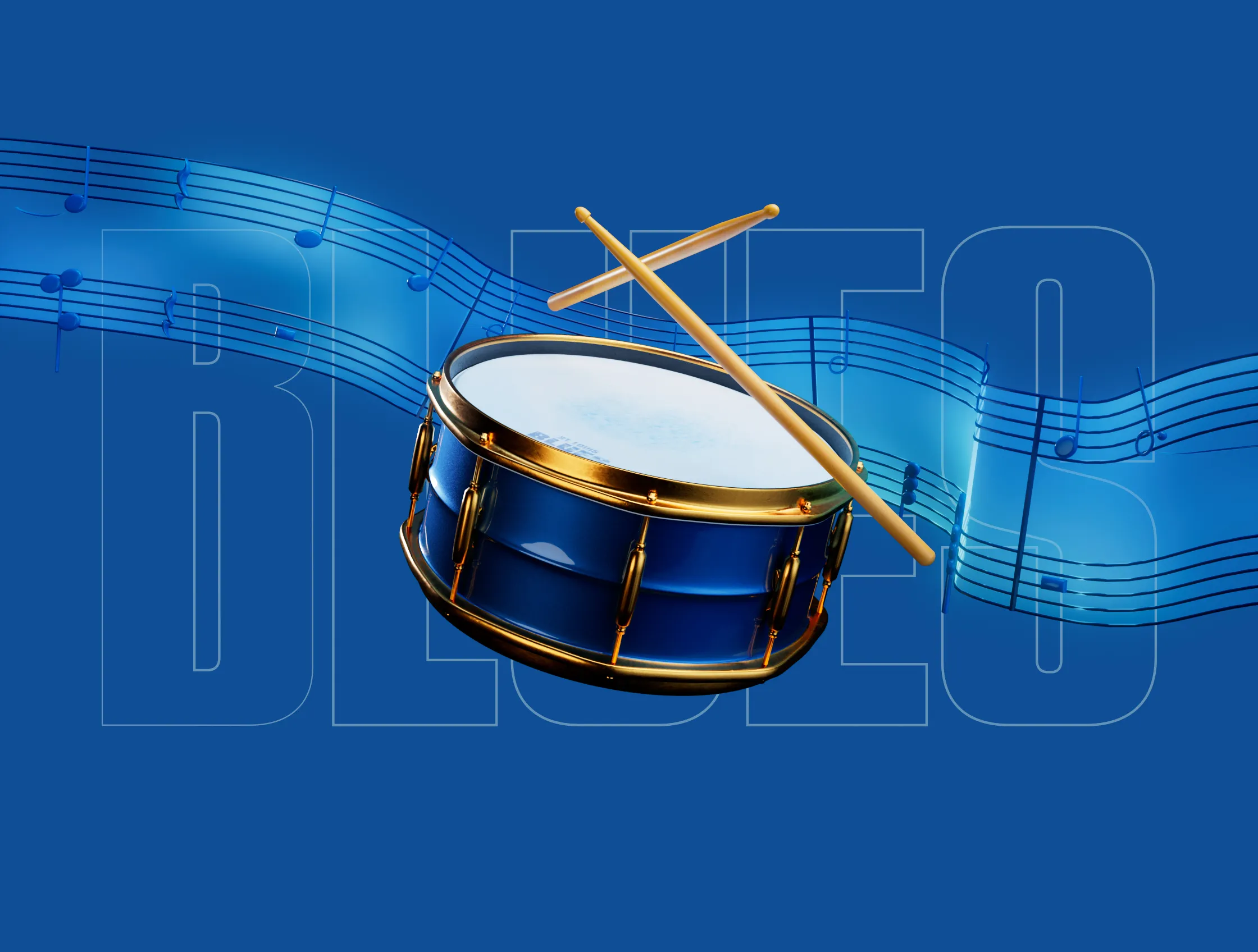 Blue snare drum with crossed drumsticks over flowing musical staff lines on a blue background