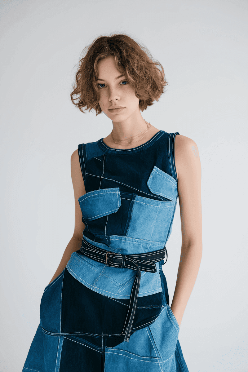 A person with short curly hair is wearing a stylish, sleeveless patchwork denim dress with various shades of blue, featuring a belted waist, against a plain white background, showcasing modern fashion trends.