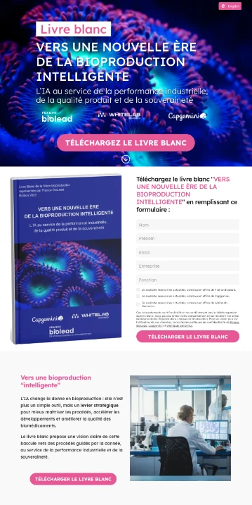 Landing page de téléchargement du livre blanc sur la bioproduction intelligente.