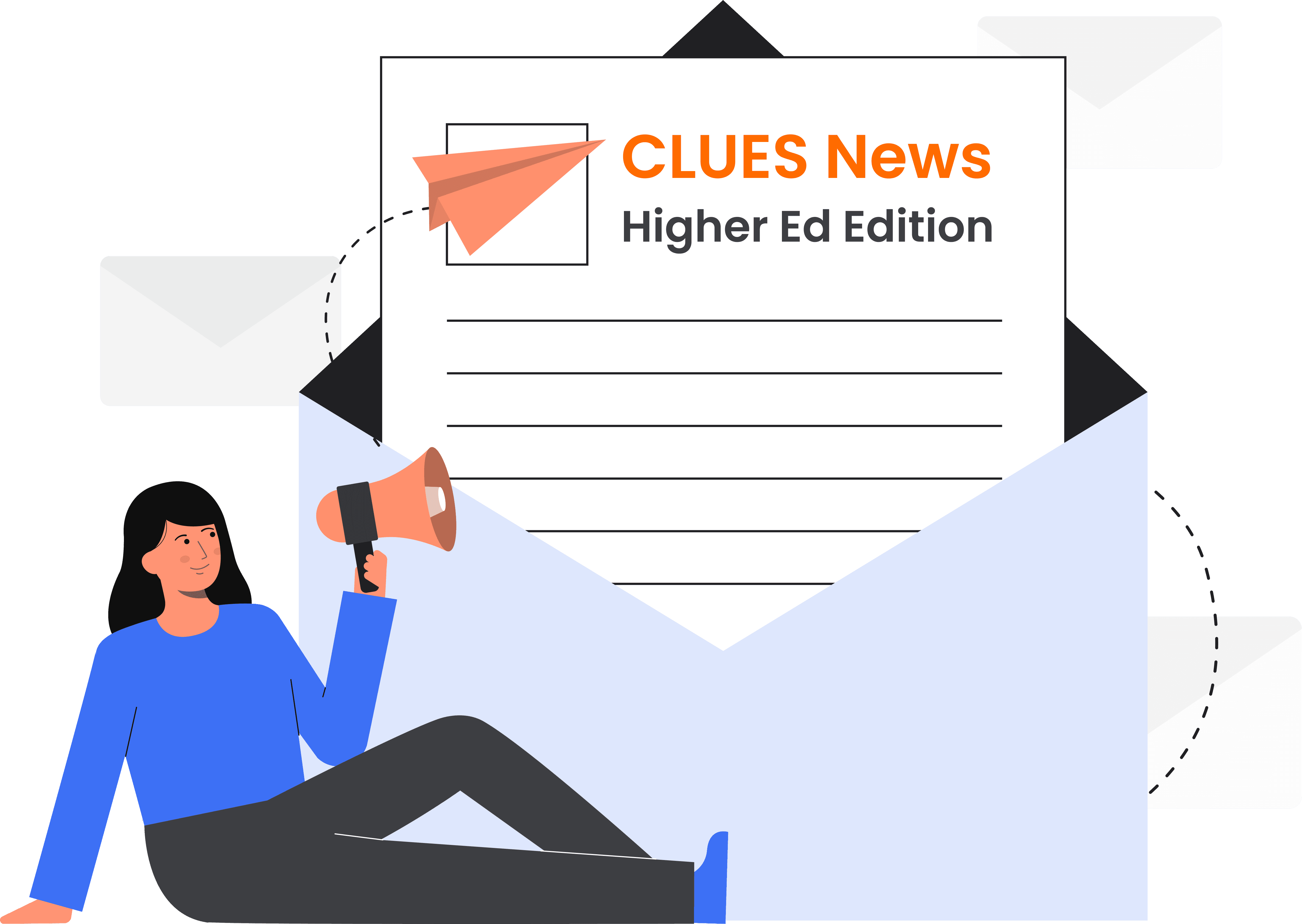 Illustration of a large envelope with a ‘Clues News’ newsletter emerging, surrounded by smaller envelopes, with a person holding a megaphone announcing updates.