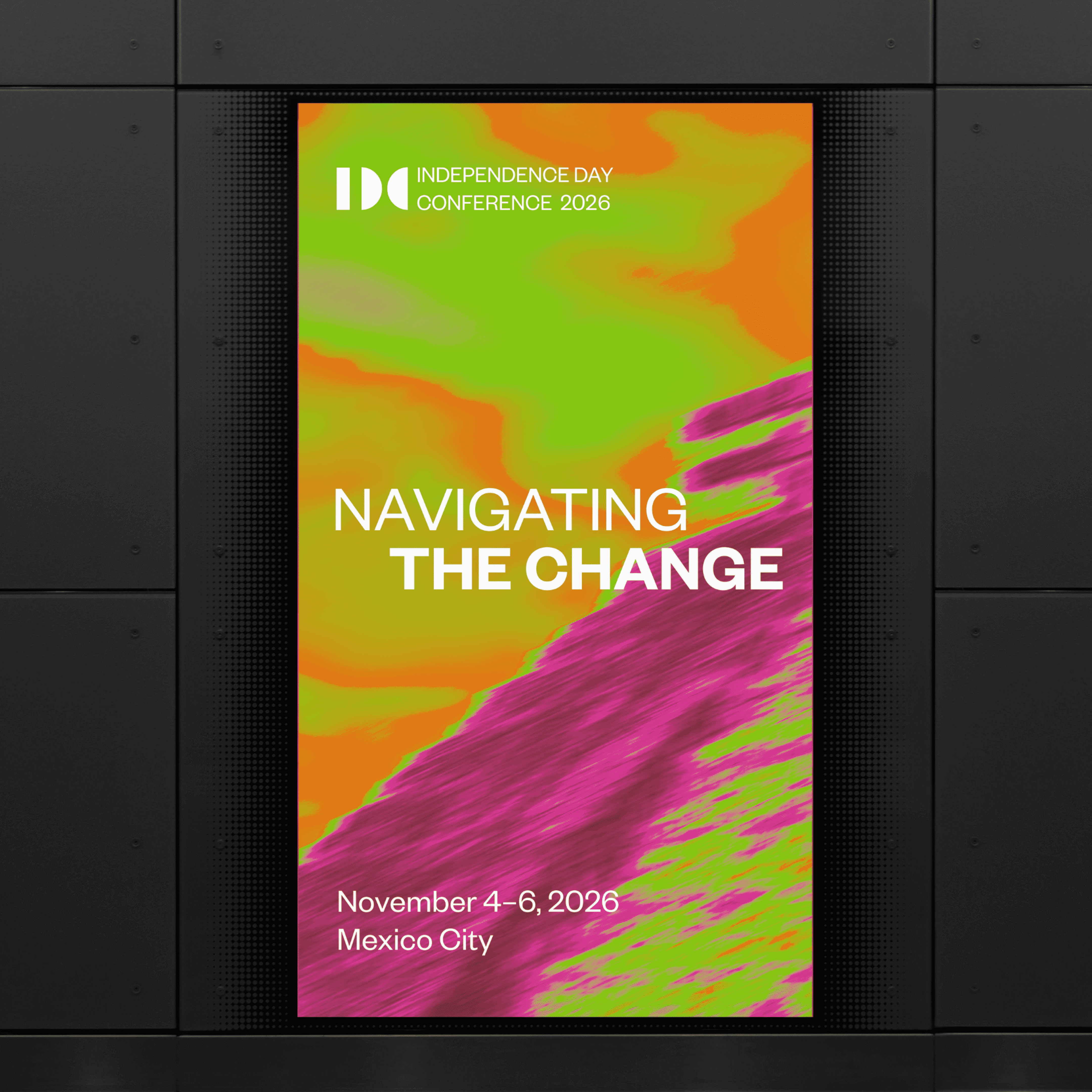 Vertical poster with fluid magenta and orange abstract background, bold white type reading "Navigating the Change", date and location: November 4–6, 2026, Mexico City