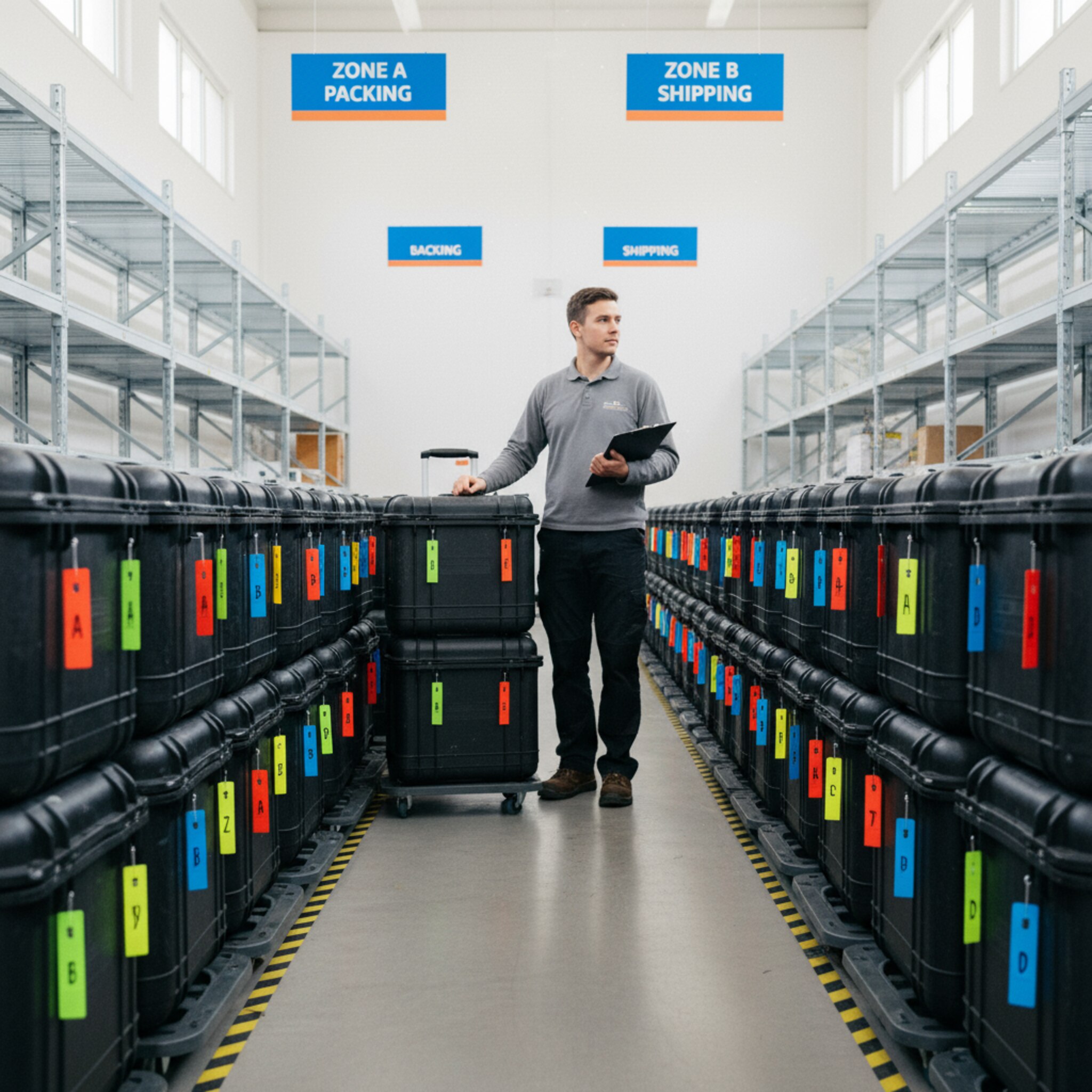 In einer hellen Lagergasse hängen klare Zonen-Schilder, auf Rollbrettern stehen identische Cases in geordneten Reihen. Farbcodierte Tags markieren unterschiedliche Standorte, ein Mitarbeiter greift gezielt das passende Set vom markierten Bereich. Das Licht zeichnet scharfe Kanten, die Szene vermittelt Übersicht und Ruhe.