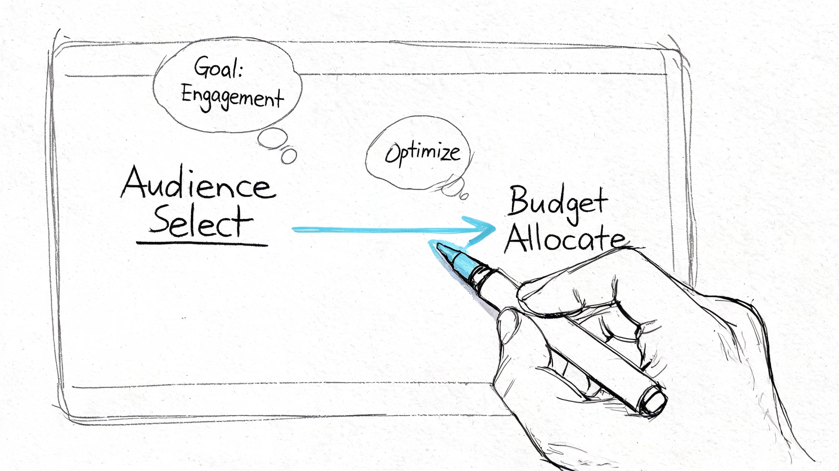 A hand drawing a digital marketing diagram about audience selection, engagement goals, optimization, and budget allocation.