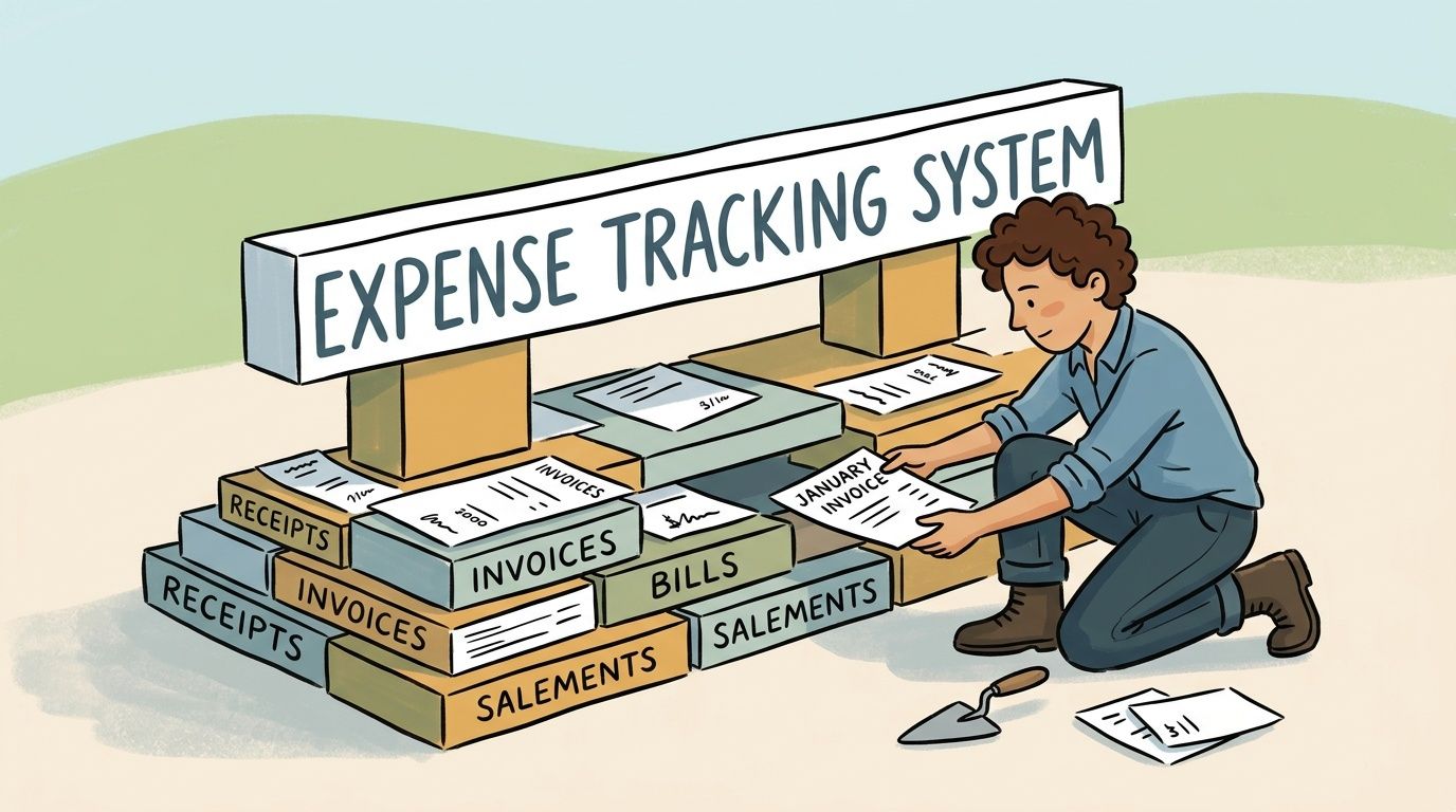 A cartoon man building an expense tracking system by stacking documents and folders on the ground.