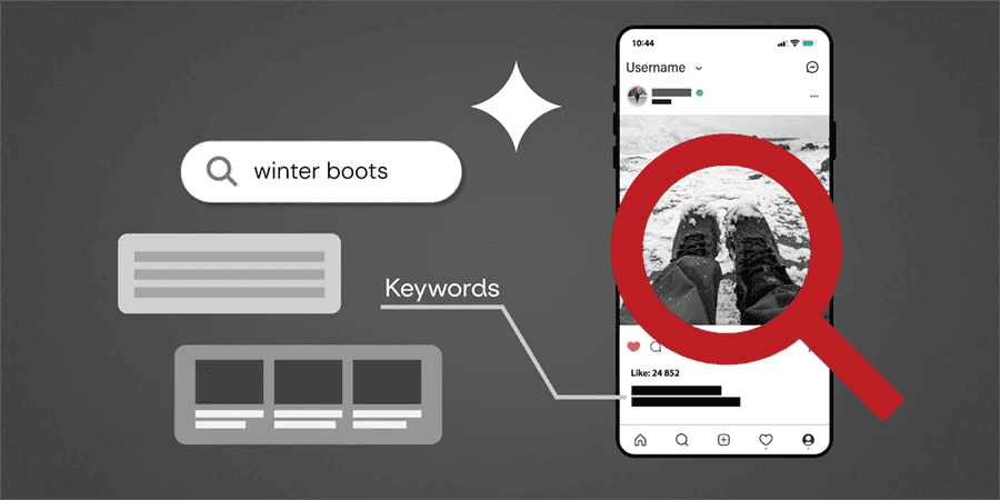 A mobile phone with winter boots focused behind a magnifying glass.