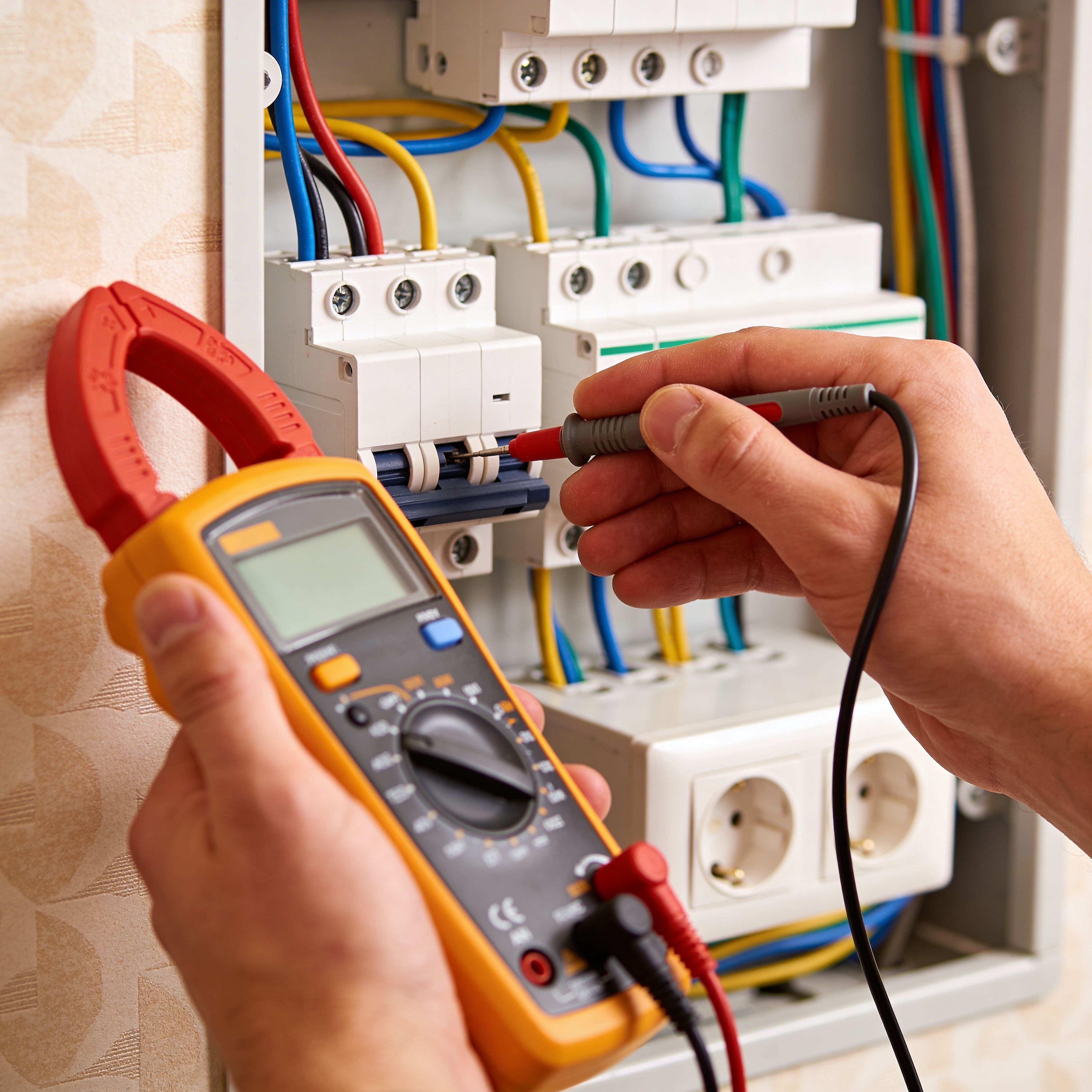Electrician using a digital multimeter to test voltage and wiring inside a residential electrical distribution board.
