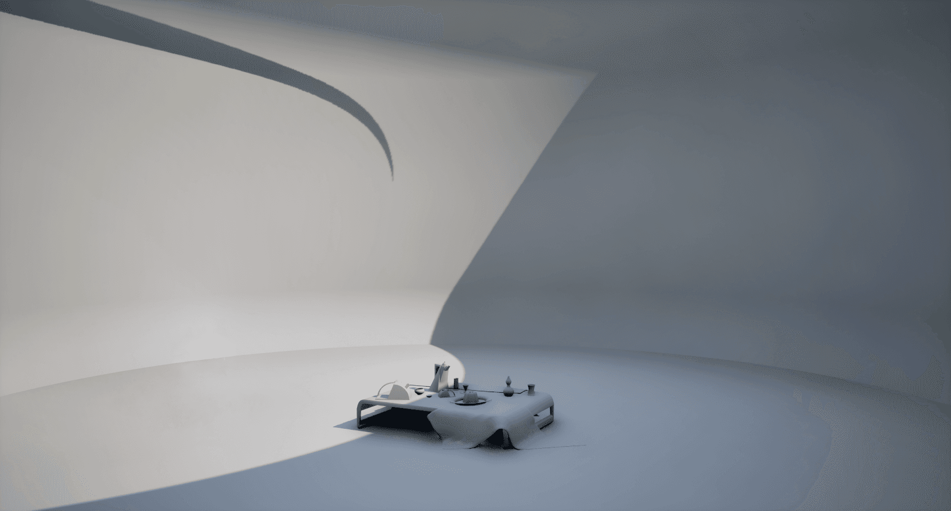 Unreal Engine scene setup for Ablution, showing the still-life composition placed within the large curved environment before final lighting and materials.