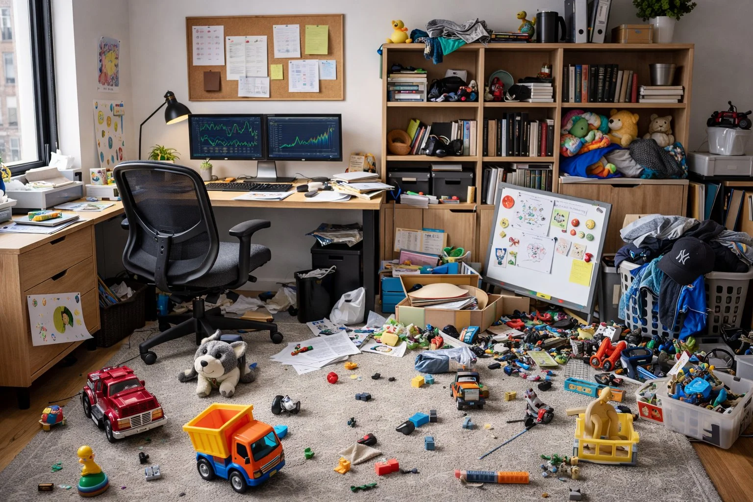 Cluttered room with personal items, toys, and office supplies mixed together, showing poor separation between work and home space.