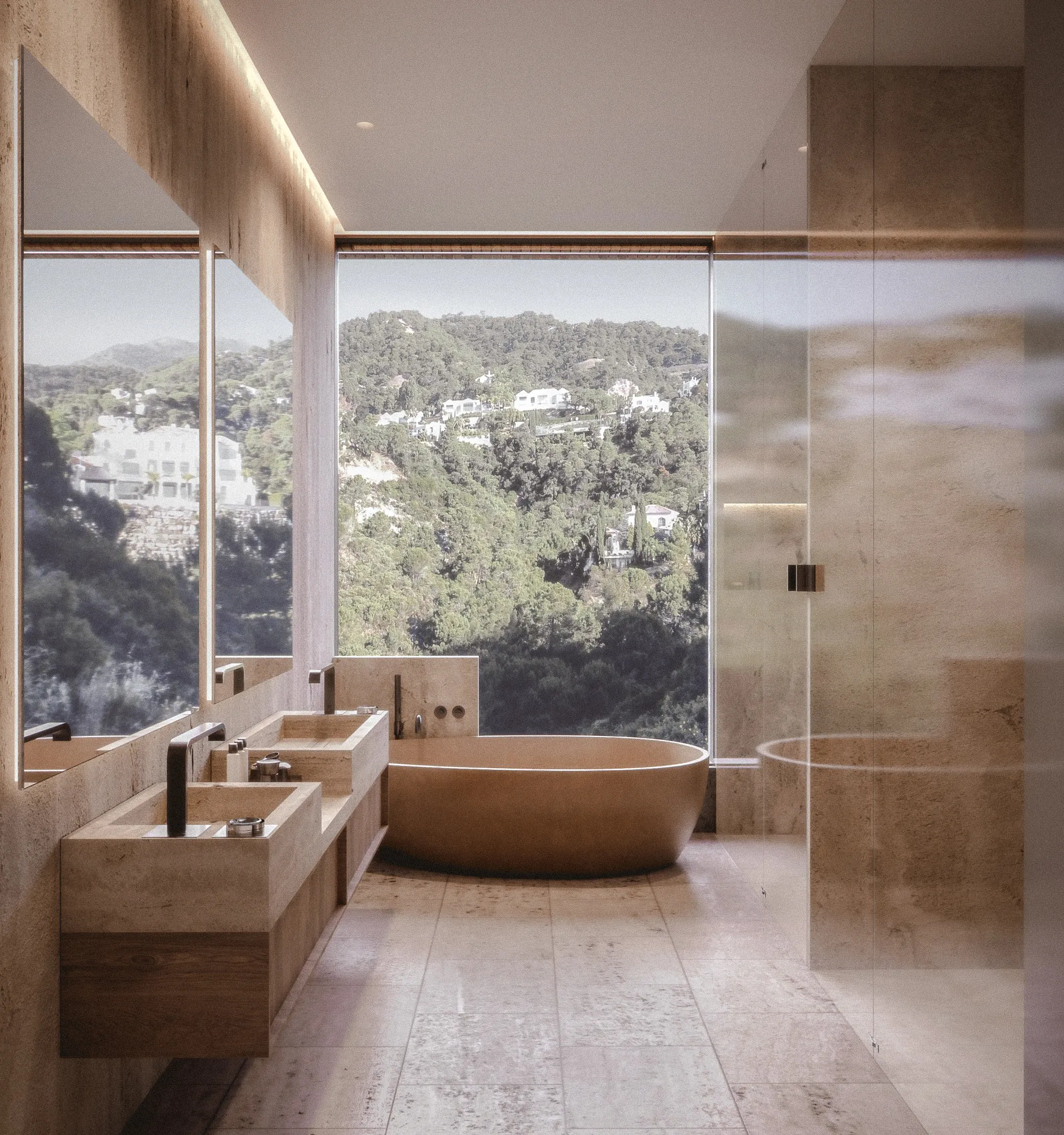 Spa-inspired bathroom with natural stone finishes and panoramic mountain views.