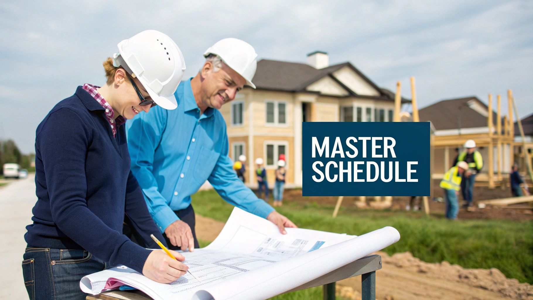 Two construction workers in hard hats review blueprints on a table at a building site, with a 'Master Schedule' overlay.