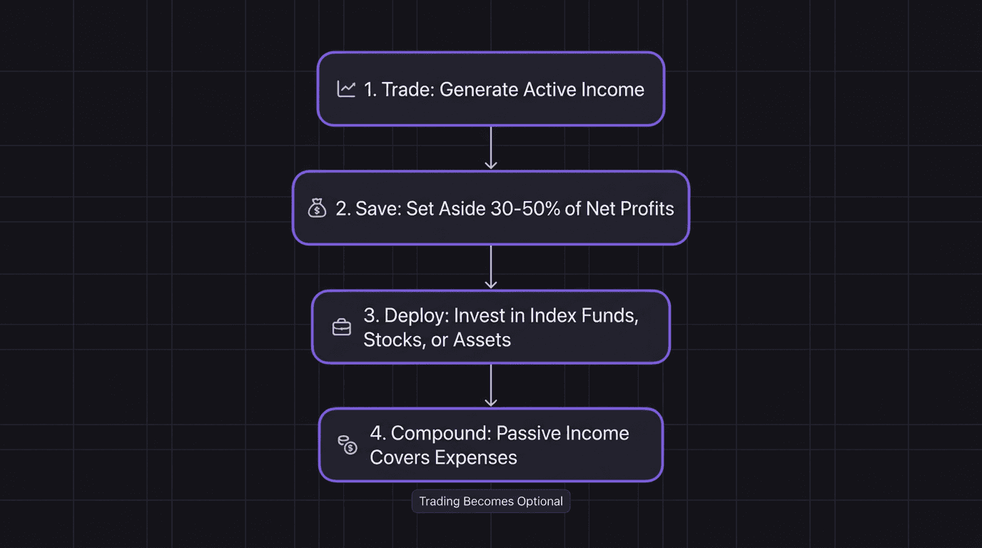 Flowchart showing the trader to investor pipeline from active trading to passive wealth