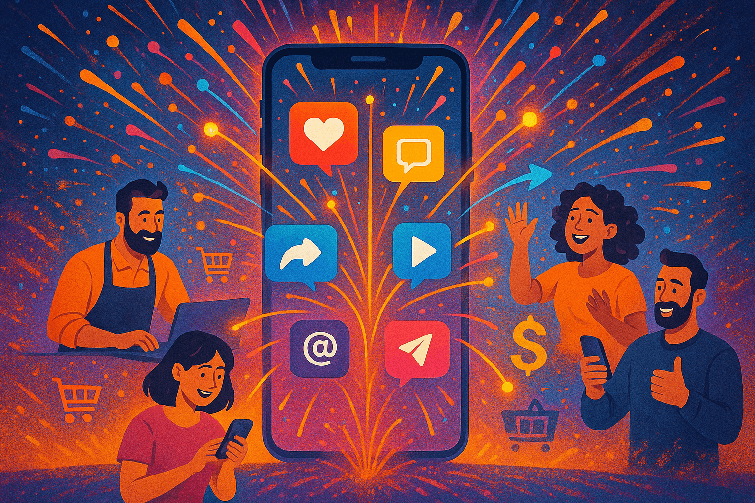 Smartphone surrounded by vibrant social media icons and connection lines, with customers and business owners interacting. Digital shopping carts and dollar signs float in a celebratory digital scene, representing social-driven sales.