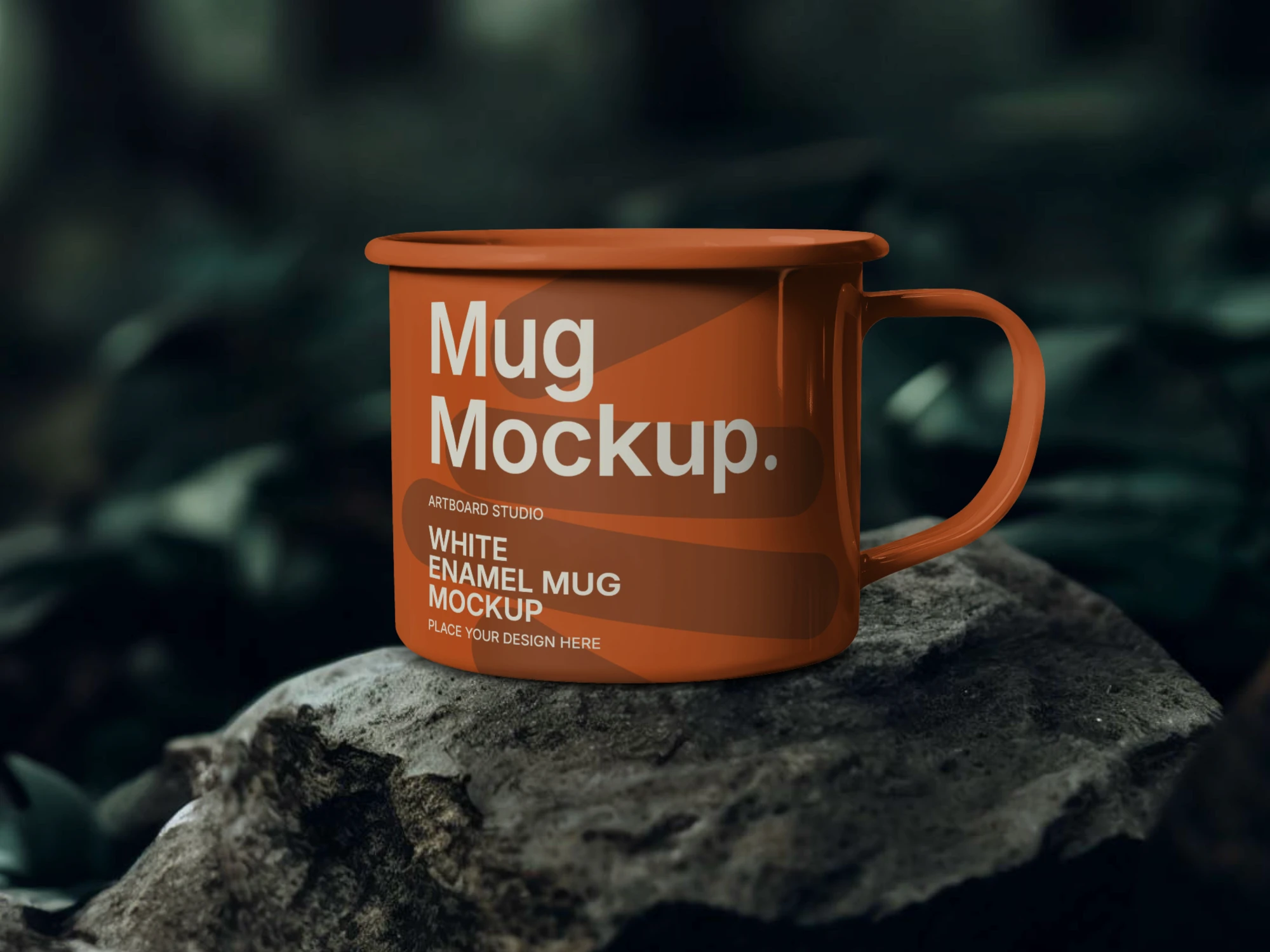 Enamel camping mug mocup on a rock