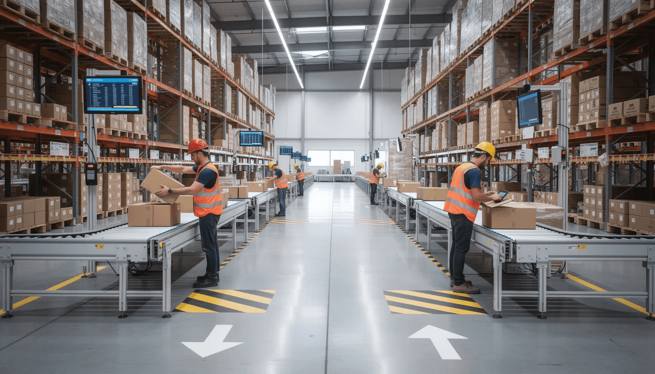 The image depicts warehouse workers efficiently moving boxes along conveyor belts in a well-organized facility, highlighting the operational efficiency of an automated order processing system. This streamlined fulfillment process enhances order accuracy and customer satisfaction while minimizing manual tasks and reducing operational costs.