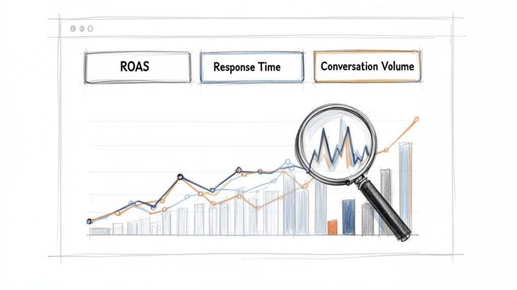A sketch of a dashboard displaying ROAS, Response Time, Conversation Volume metrics and a graph with a magnifying glass.
