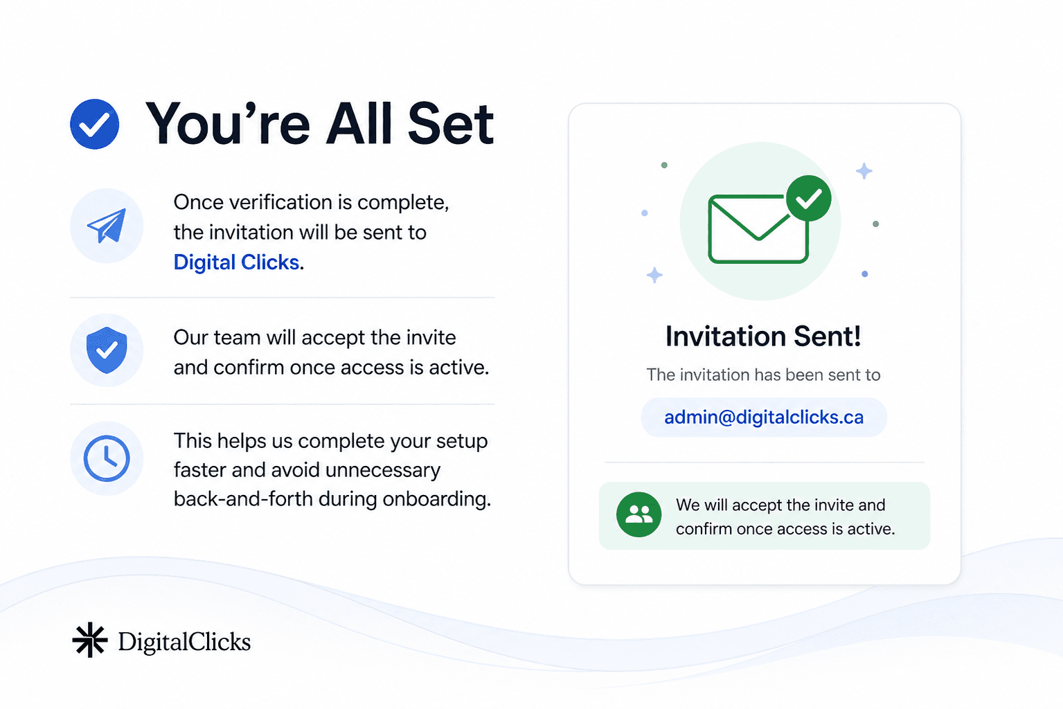 This slide confirms the setup is complete and tells the client that Digital Clicks will accept the invitation and confirm once access is active.