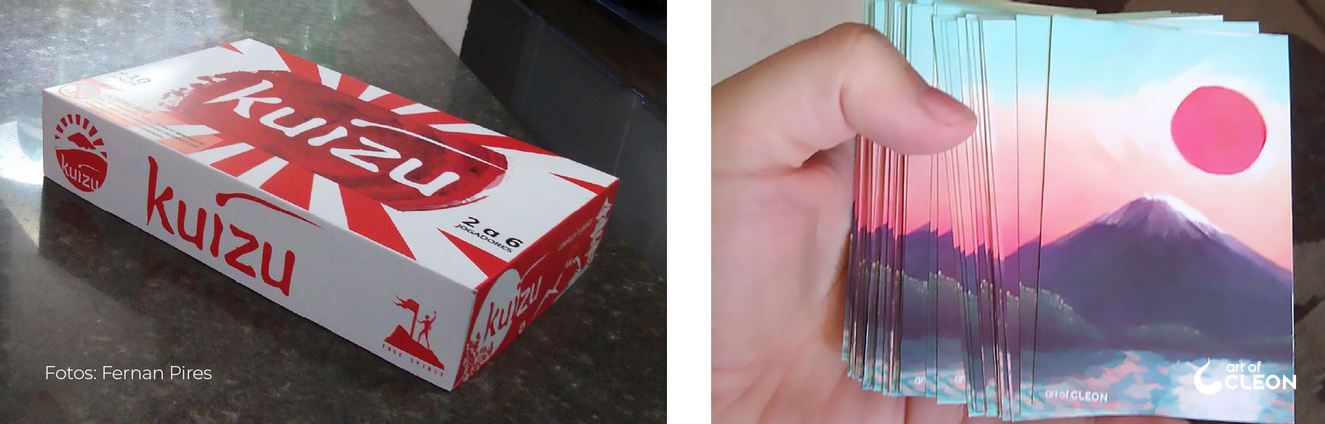 Photographs of the printed Kuizu box and a hand holding the illustrated card deck.