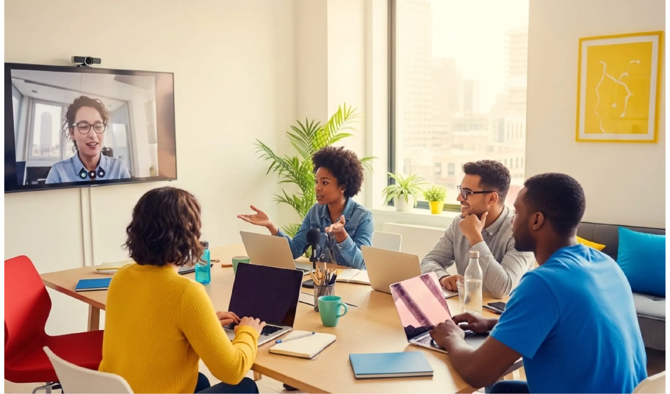 A vibrant, brightly lit modern co-working space.