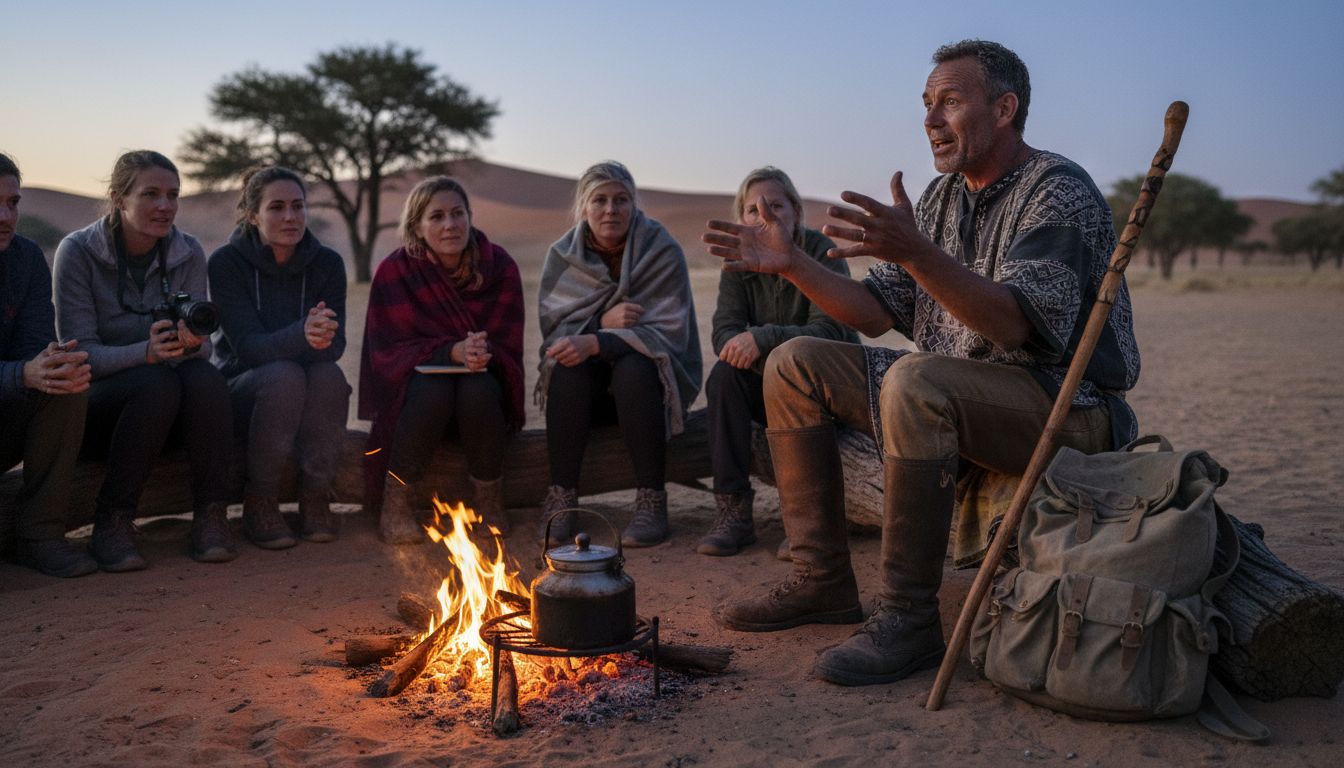 El guía entretiene al grupo contando historias alrededor de la hoguera en medio del desierto.
