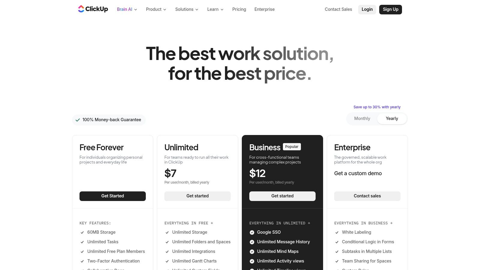 ClickUp's pricing plans, including a free forever option