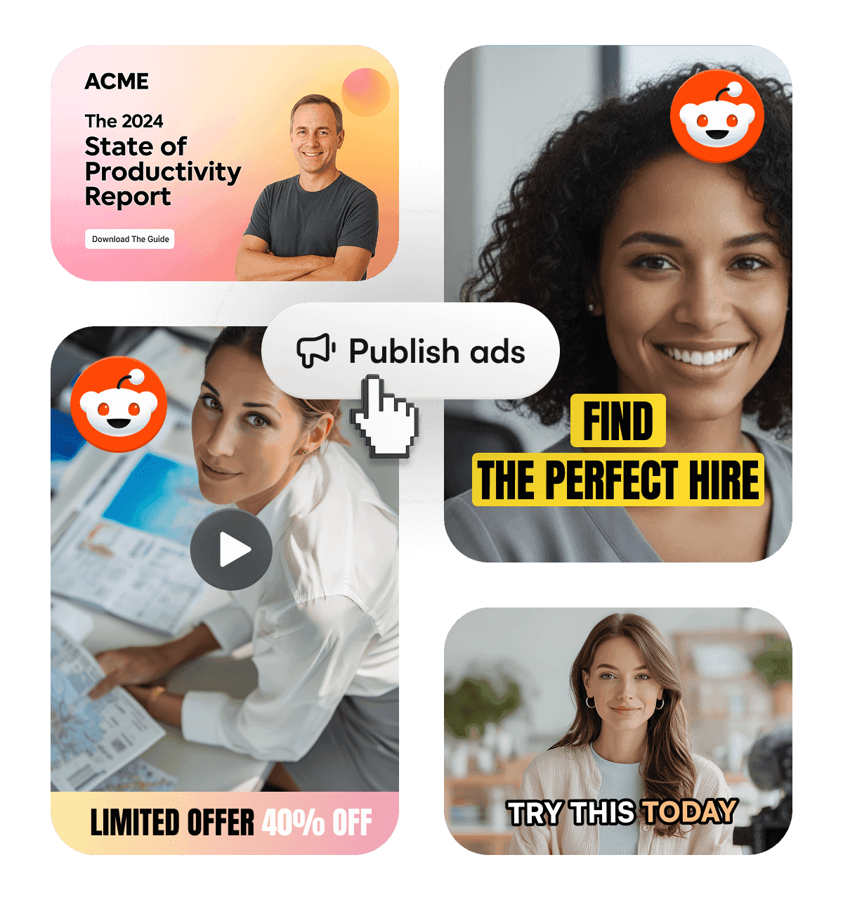 Diverse examples of low-polish, authentic video ads created for the Reddit platform, ready for publishing to blend into the feed.