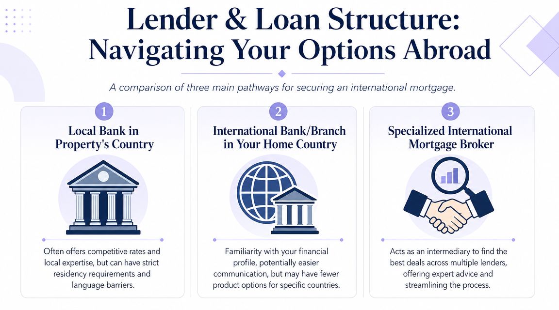 A visual guide explaining three main options for securing an international mortgage to buy property abroad.
