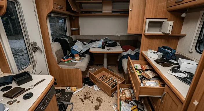 Interior desordenado de una autocaravana tras el robo de efectos personales como dinero y ordenadores.