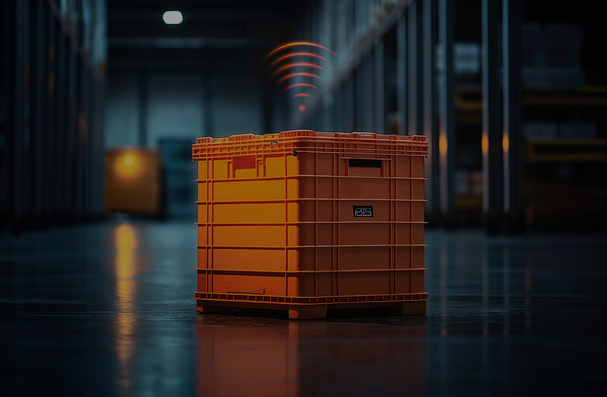 An orange crate in the middle of a warehouse with an orange Wi-Fi sign above it.