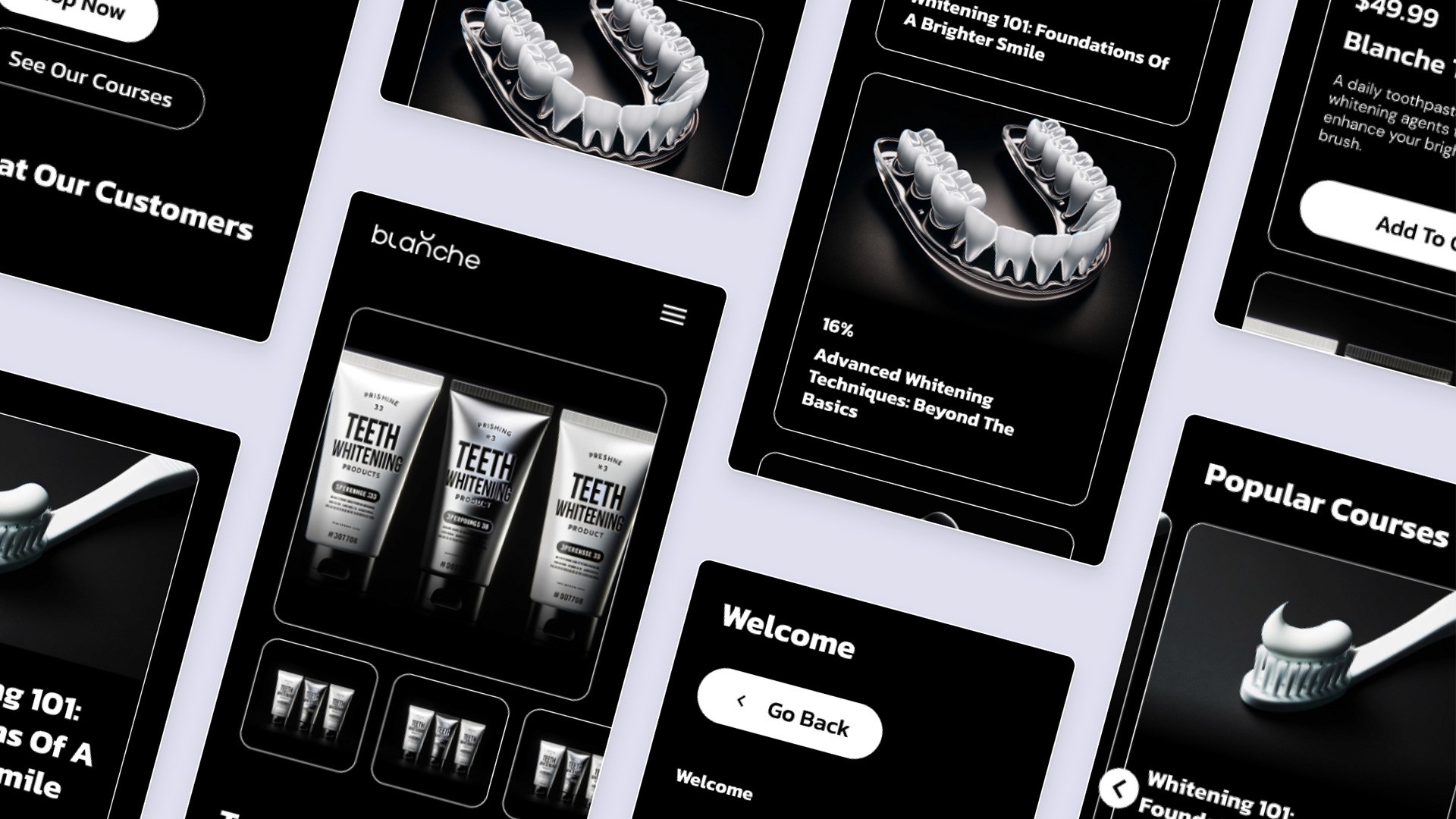 Multiple mobile screens from the Blanche website showcasing teeth whitening products, including a toothbrush with whitening paste, a dental model with teeth whitening trays, and various teeth whitening product options. The screens also highlight popular courses on whitening techniques and a product purchase section.