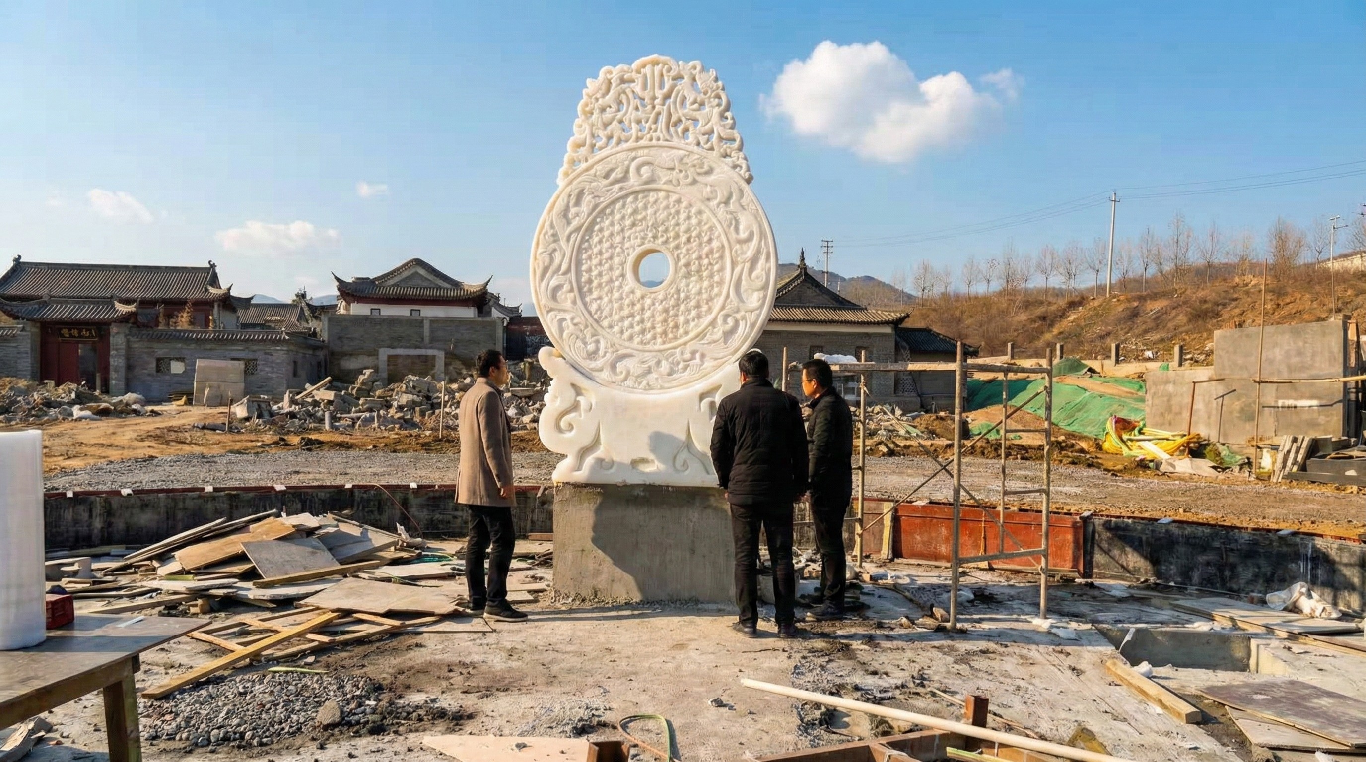 Large custom white jade Bi-disk sculpture installation on-site by NOVA STONE, featuring intricate dragon carvings.