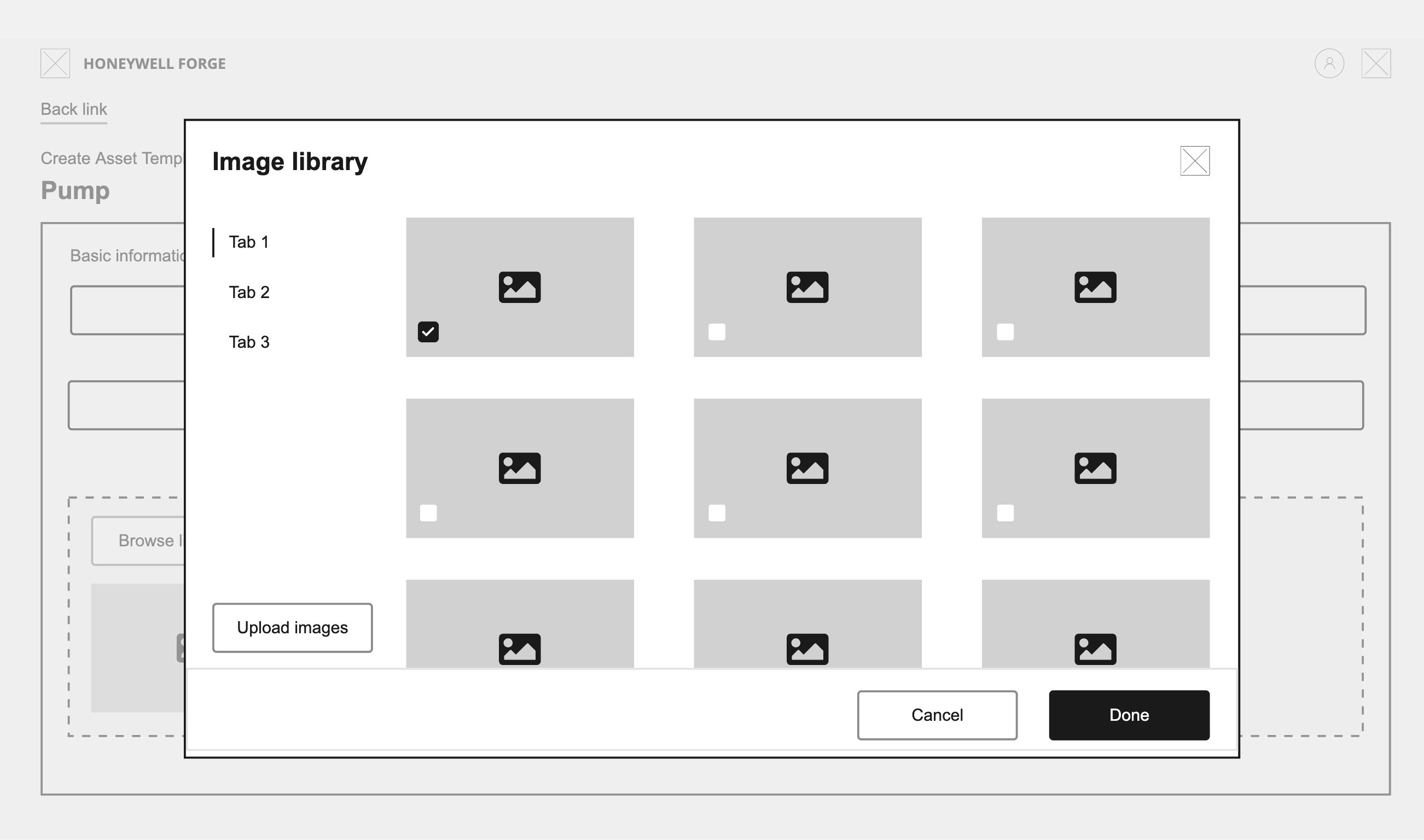 Wireframe of the image library modal with vertical tabs