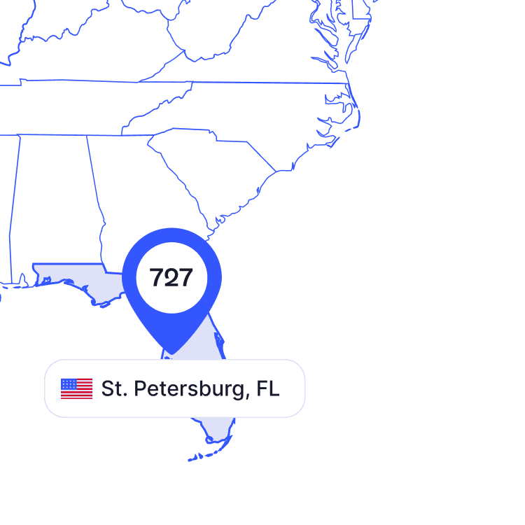 US map of 727 area code phone numbers and its coverage region