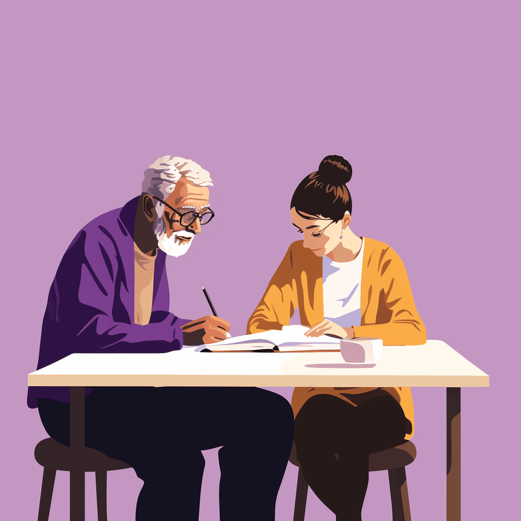 An older gentleman and a younger lady sitting at a table, reviewing a document.