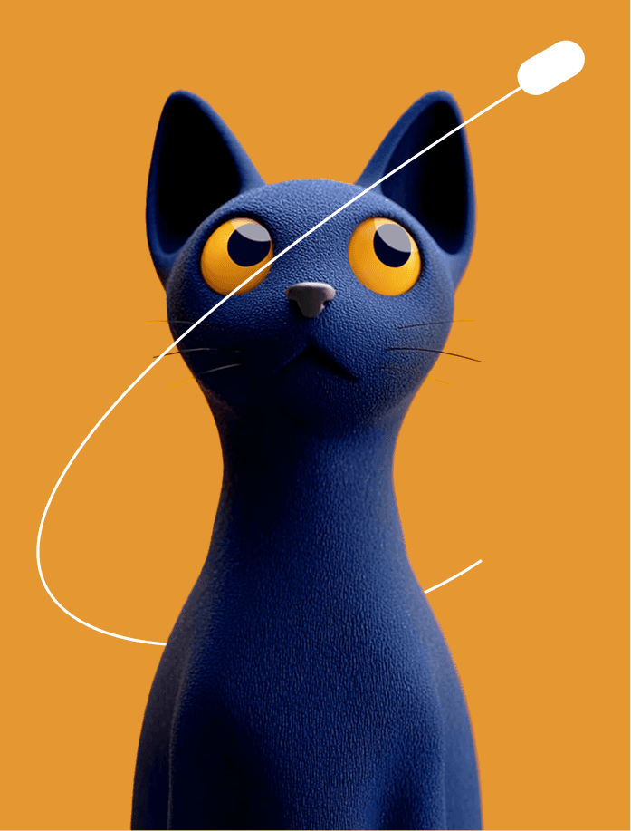 A blue cartoon cat with large yellow eyes stares upward at a floating cotton swab above its head, against a simple, light-colored background.