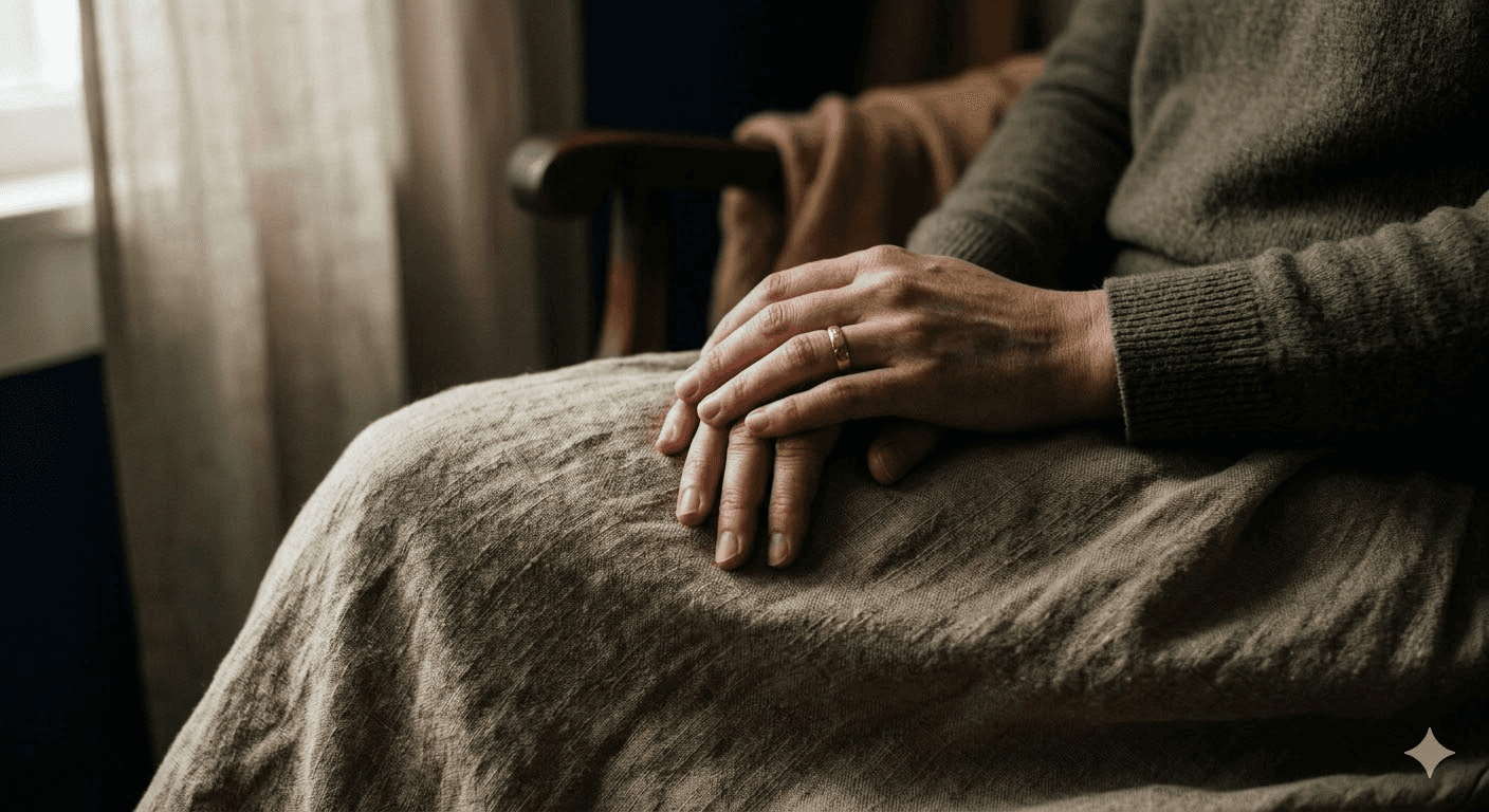 woman resting hands on lap