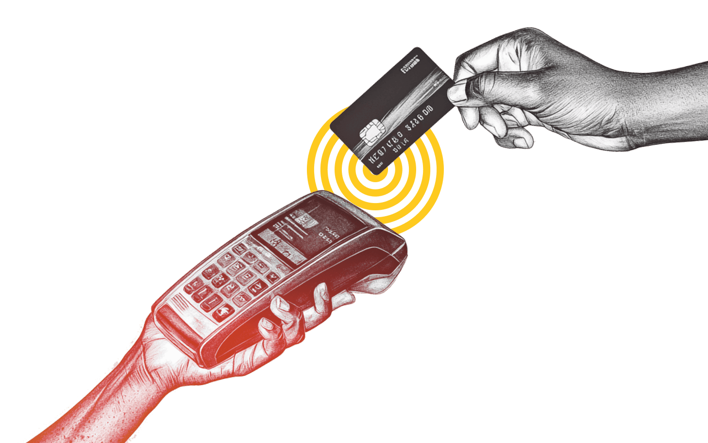 Graphic of someone about to tap a credit card on a hand held terminal
