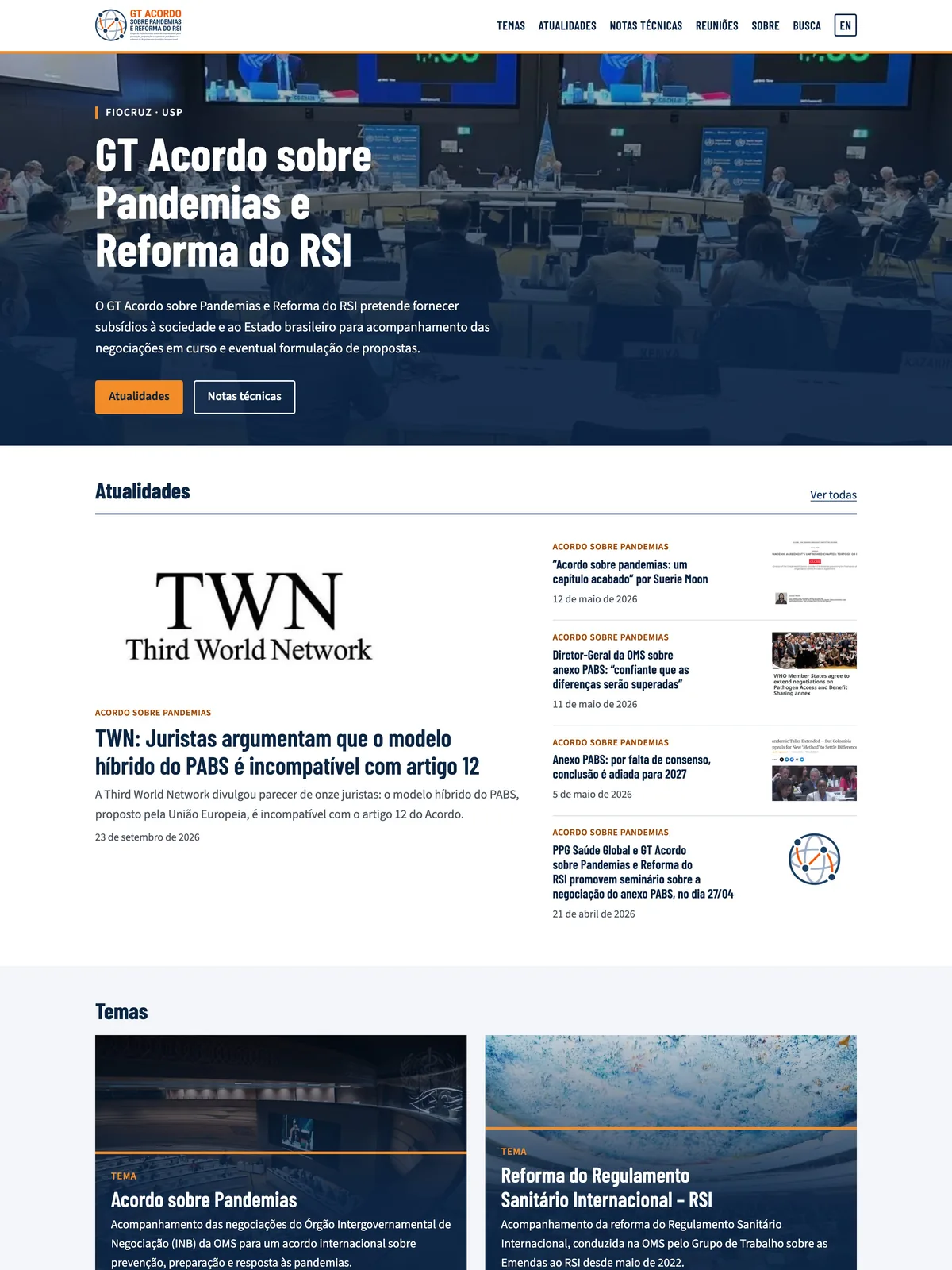 Página inicial do site do GT Acordo sobre Pandemias e Reforma do RSI no computador, com foto das negociações em Genebra
