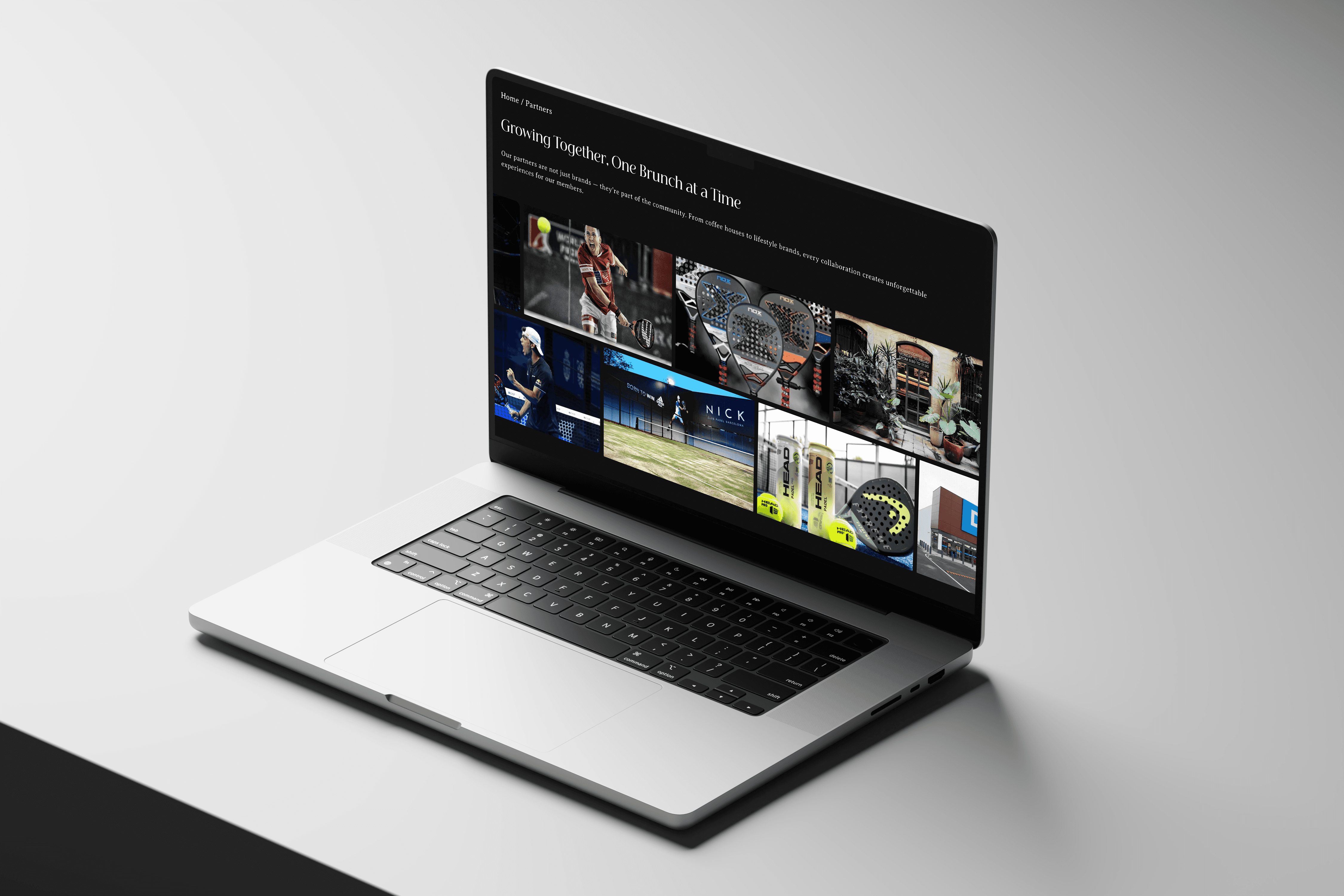Laptop showing The Brunch Club website interface with live DJ event imagery and vibrant visuals against a clean studio backdrop