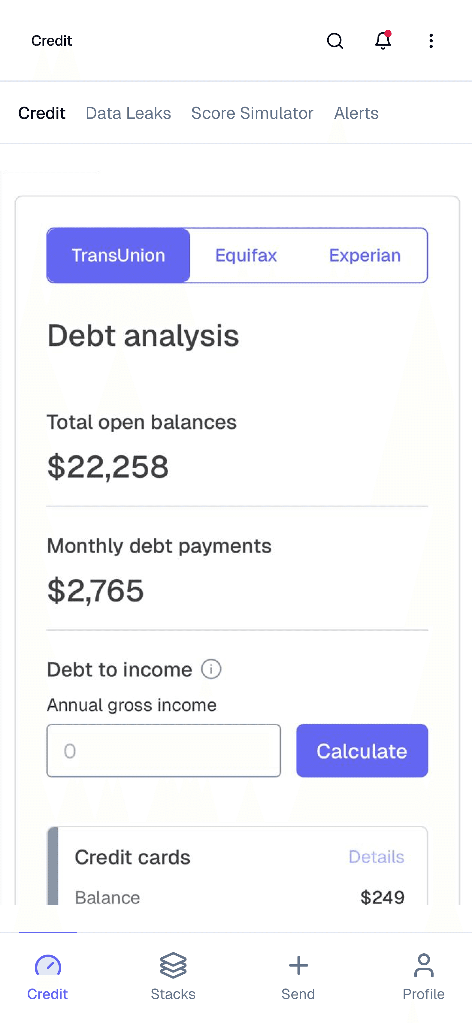 WeStack app showing credit report with score, insights, and monitoring tools to track and improve credit health