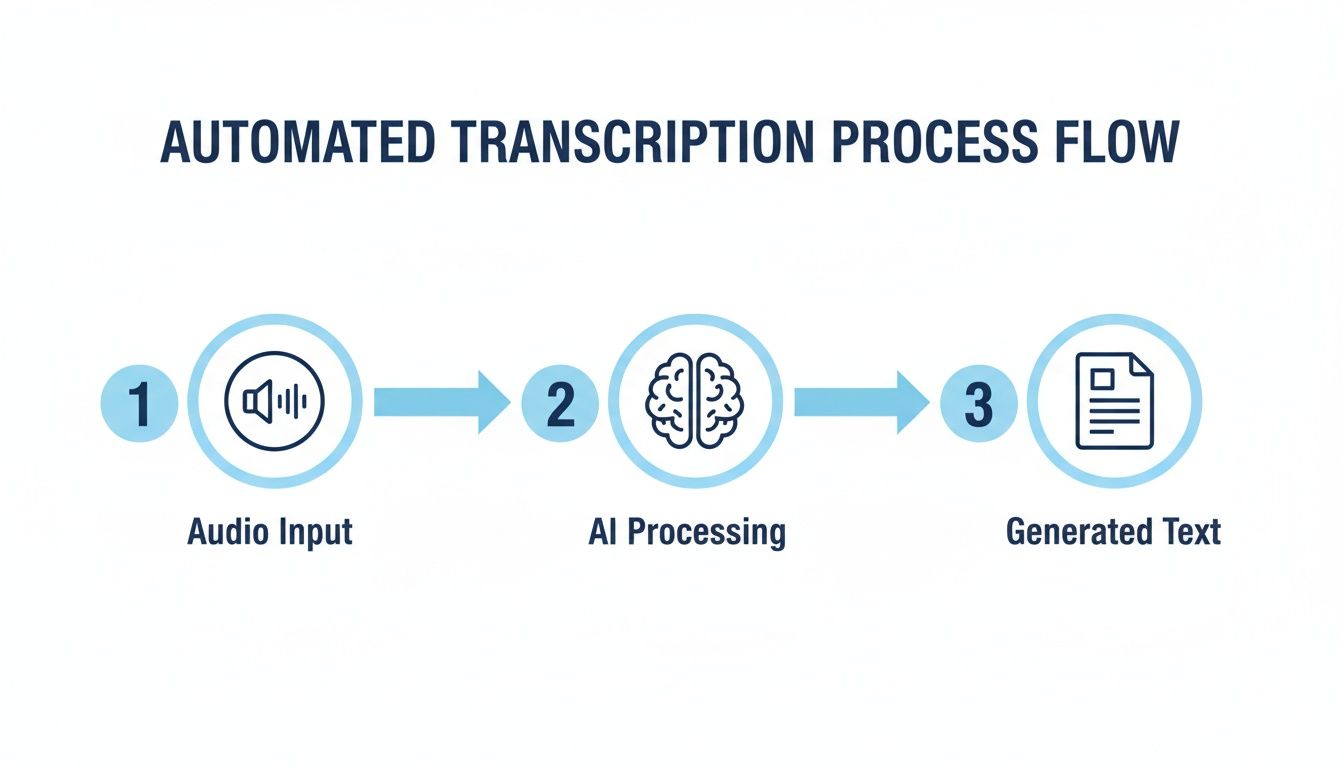 Flow chart illustrating the automated transcription process from audio input to AI processing and generated text.