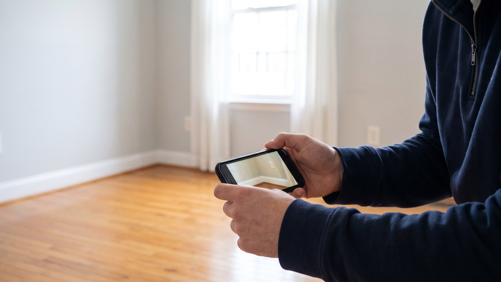 Property manager photographing a wall outlet and baseboard during a move in inspection of an empty Maryland rental