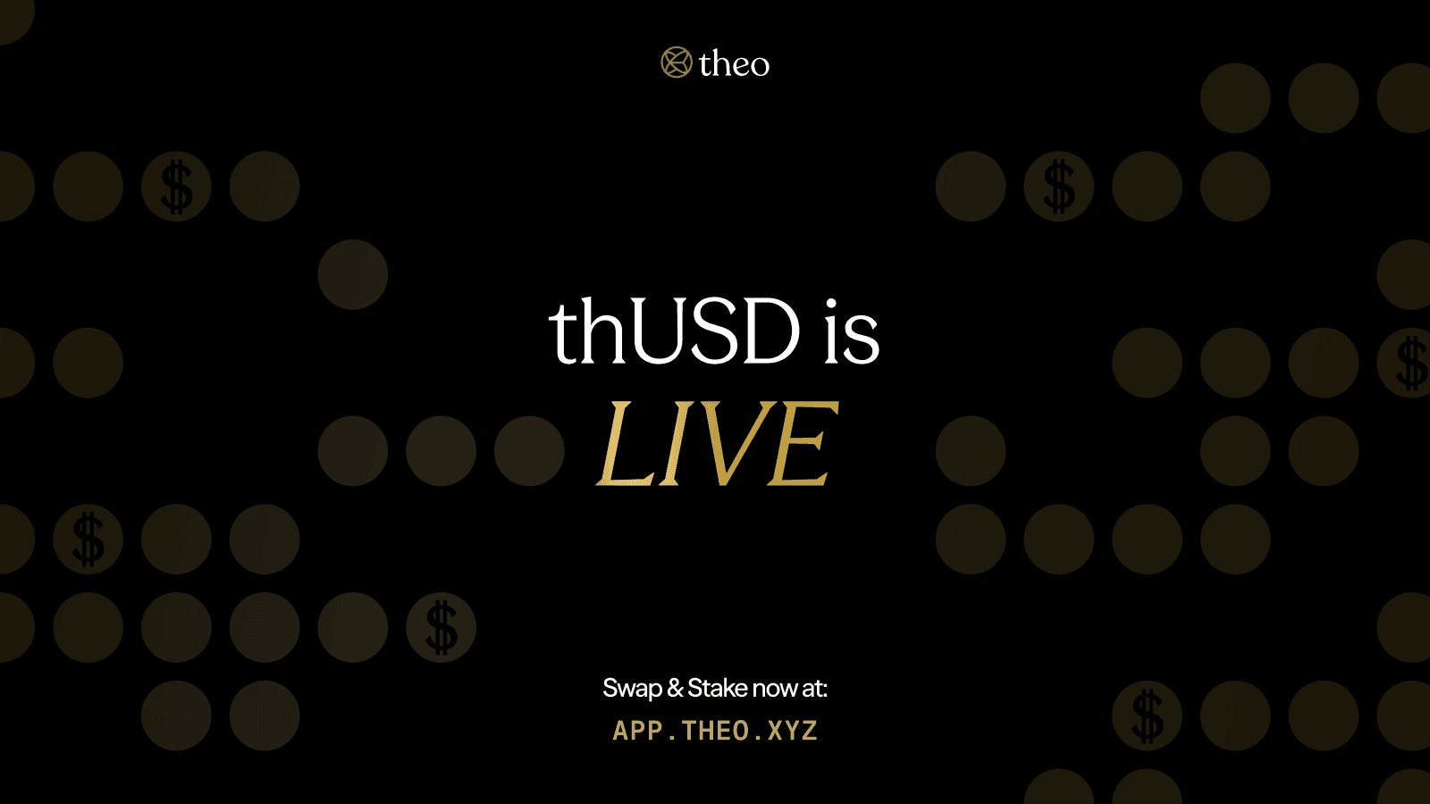 Product launch graphic for Theo’s thUSD stablecoin highlighting RWA yield sources, transparency, and institutional custody infrastructure